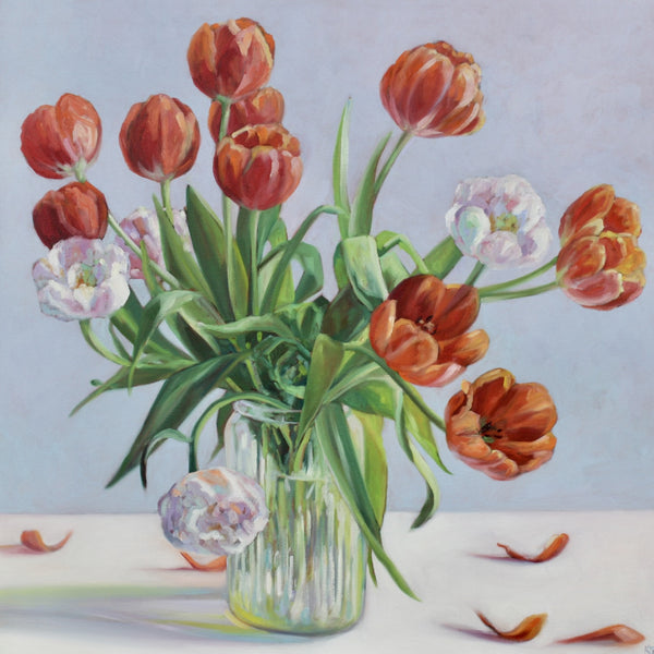 Open Tulips with Glass Jar